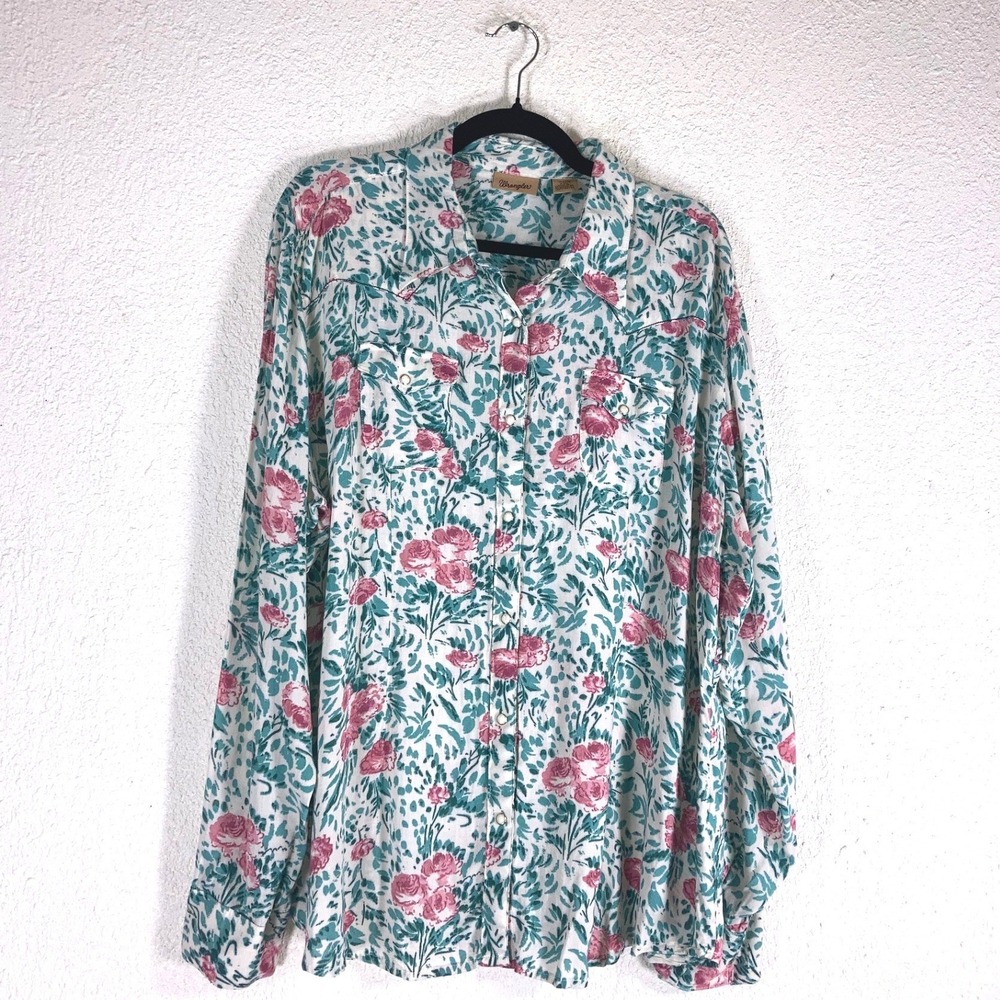 Wrangler‎ Women XXL Floral Western Snap Shirt Rayon Pink Teal LW1631M Rose Print